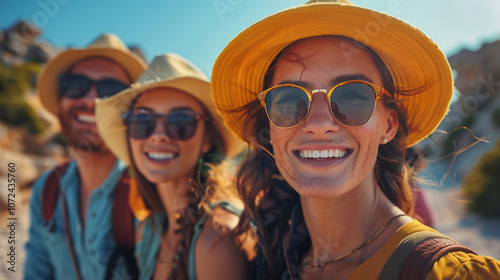 A group of three friends wearing sunglasses and straw hats, smiling brightly against a sunny backdrop, enjoying their outdoor adventure