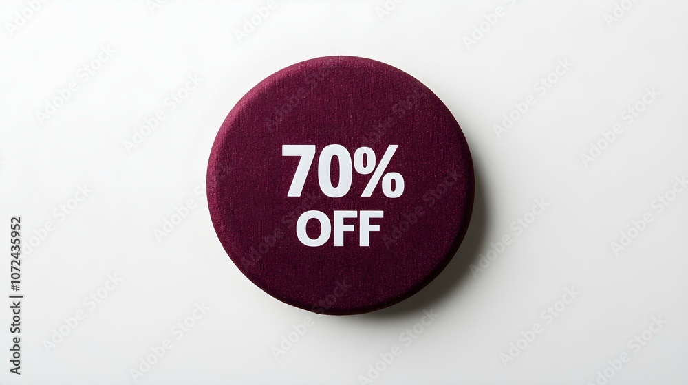 White '70% OFF' Text on a Burgundy Round Paper Note. White Background with Copy Space White '70% OFF' Text on a Burgundy Round Paper Note. White Background with Copy Space