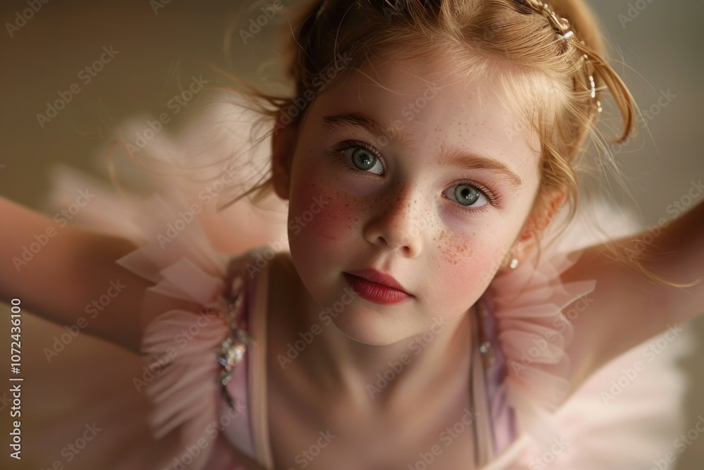 Red haired ballerina with freckles wearing pink tutu looking towards viewer Red haired ballerina with freckles wearing pink tutu looking towards viewer