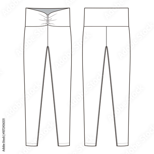 Women's Ruched Leggings Technical Drawing, Front and Back View

