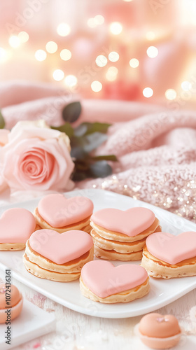 Heart-shaped macarons sit elegantly on a plate next to pink roses and sparkling lights, creating a romantic atmosphere