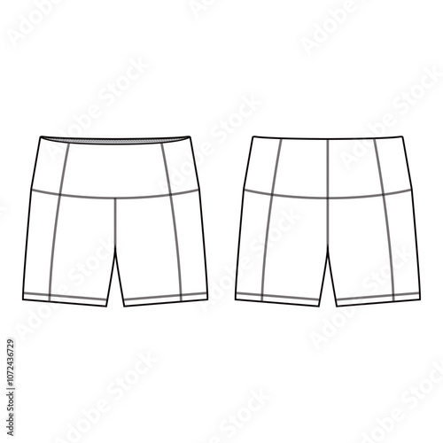 Women's Bike Shorts Technical Drawing with Front Panel Detail, Front and Back View

