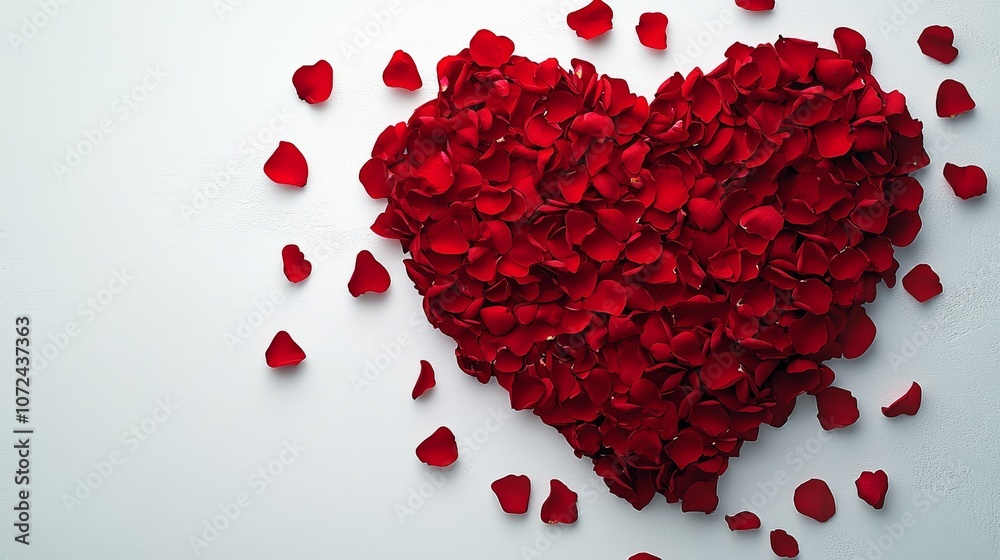 Heart made of red petals is surrounded by petals. The heart is the main focus of the image, and the petals surrounding it create a sense of depth and dimension. The image conveys a romantic