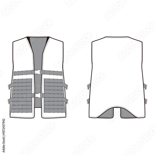 Tactical Vest Technical Drawing with MOLLE System, Front and Back View


