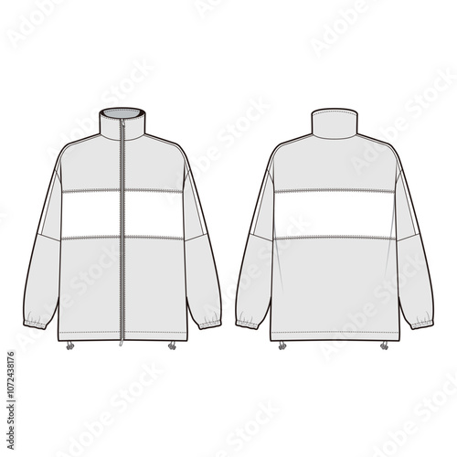 Unisex Windbreaker Jacket Technical Drawing, Colorblock, Front and Back View

