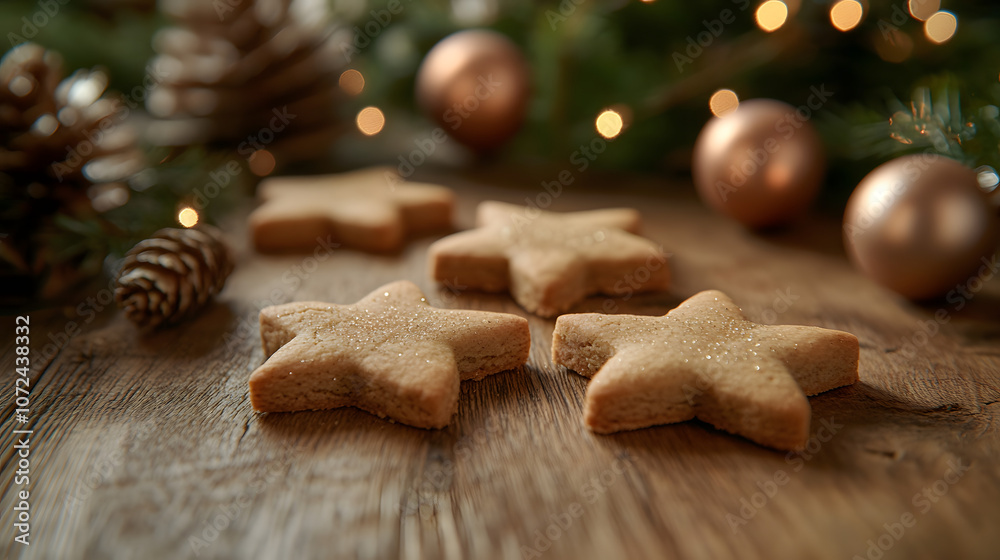 Close-up of Christmas cookies shaped like stars and gingerbread men on a wooden table with holiday decorations, copy space