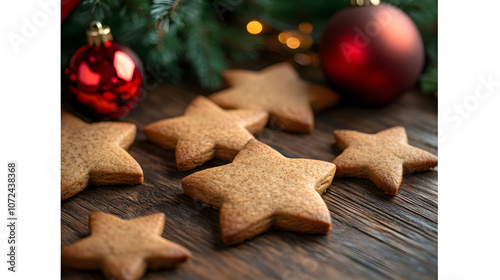 Close-up of Christmas cookies shaped like stars and gingerbread men on a wooden table with holiday decorations, copy space