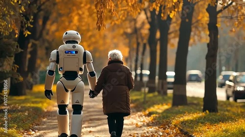 Elderly woman and a humanoid robot are enjoying a relaxing stroll together in a serene autumn park, symbolizing the potential of ai in elder care