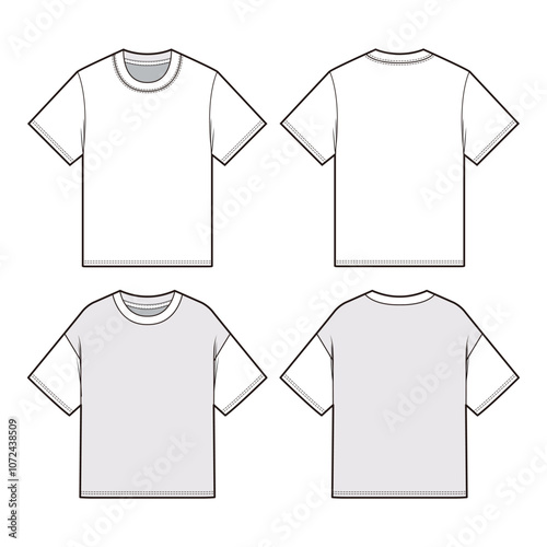 Unisex Cropped T-Shirt Technical Drawing, with and without Side Panel, Front and Back View

