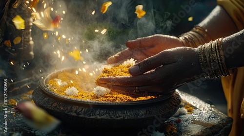 A detailed view of hands performing rituals with sacred items during the Vishwakarma Puja ceremony.
