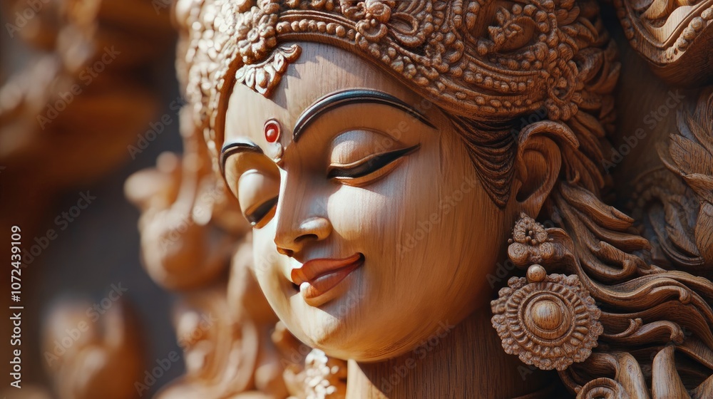 A detailed view of Radha Krishna's facial expressions carved in wood, highlighting the craftsmanship and artistry involved.
