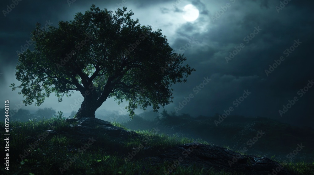 Solitary Tree Under a Cloudy Moonlit Sky Solitary Tree Under a Cloudy Moonlit Sky