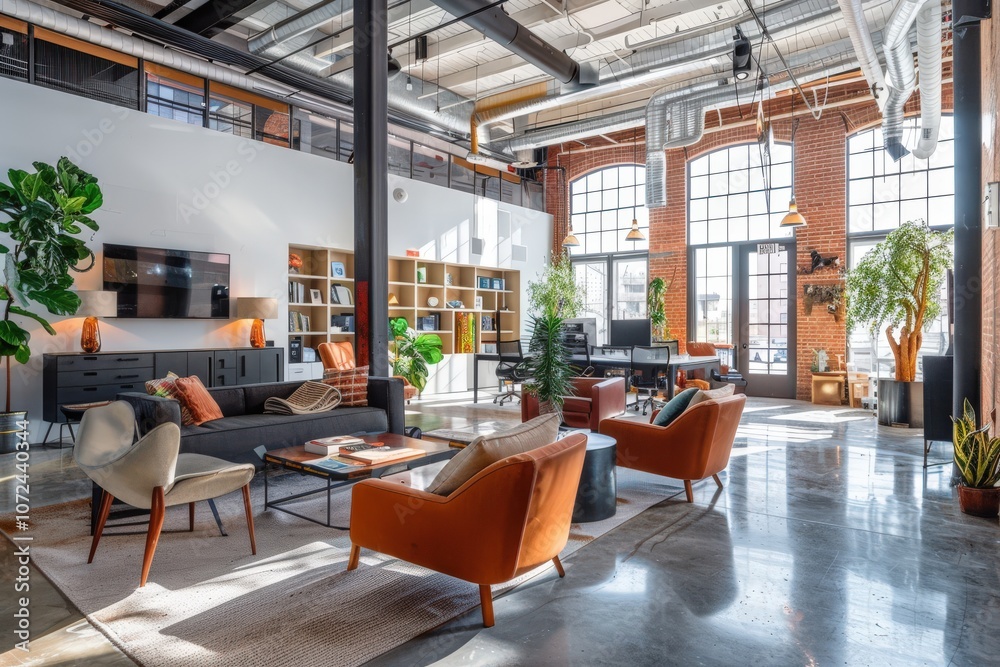 Modern Office Lounge with Exposed Brick Walls and Large Windows Modern Office Lounge with Exposed Brick Walls and Large Windows