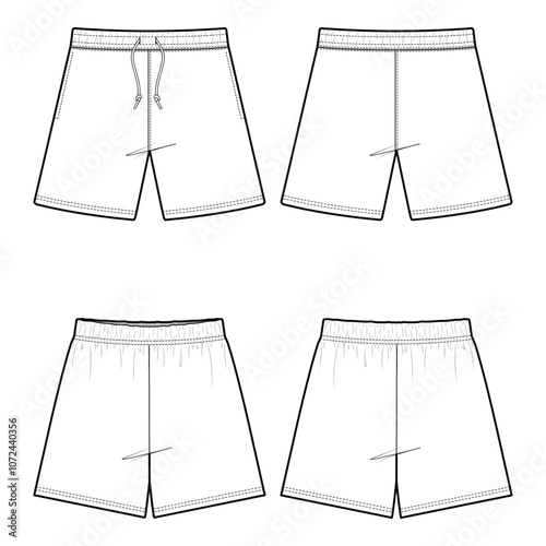 Men's Basic Drawstring Shorts Front and Back View Vector Template

