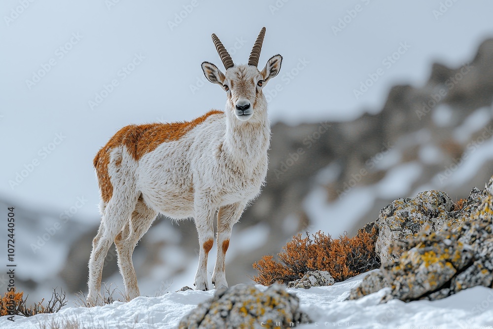 Majestic wild goat in snow-covered mountain landscape