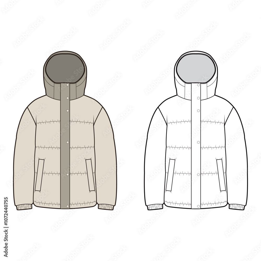 Beige and white hooded puffer jacket with front pockets, vector illustration highlighting warm and casual winter wear in two color options.
Beige and white hooded puffer jacket with front pockets, vector illustration highlighting warm and casual winter wear in two color options.