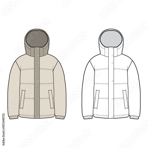 Beige and white hooded puffer jacket with front pockets, vector illustration highlighting warm and casual winter wear in two color options.
