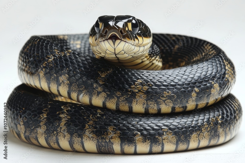 Close-up of coiled black and yellow snake showcasing intricate scale patterns Close-up of coiled black and yellow snake showcasing intricate scale patterns