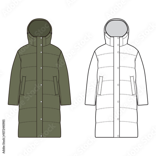 Green and white color options of a long padded winter coat with hood and pockets in front and back view vector illustration, emphasizing warmth and casual style.
