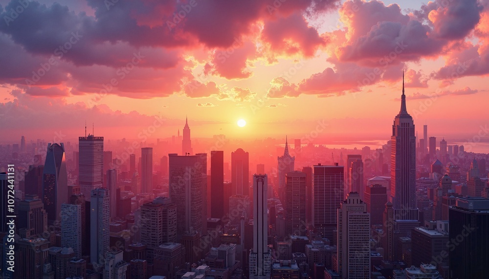 Fototapeta premium Stunning sunset over a city skyline with skyscrapers and vivid colors