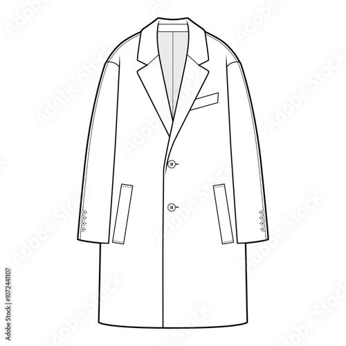 Front view of a long single-breasted overcoat with lapels and pockets in black and white vector illustration, featuring a tailored and classic design.

