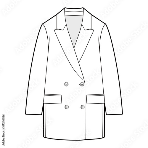 Front view of a short double-breasted coat with lapels and pockets in black and white vector style, showcasing a classic, structured design.
