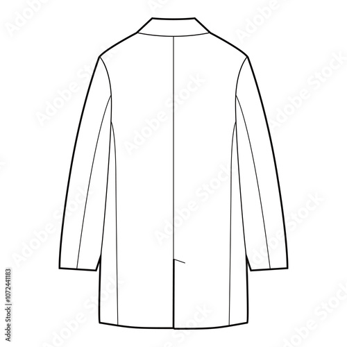 Back view of a minimalist overcoat with a straight silhouette in black and white vector illustration, highlighting simple and clean design.
