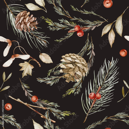 Wallpaper Mural A delicate seamless pattern featuring watercolor illustrations of pinecones, sprigs of evergreen needles, and red winter berries. Torontodigital.ca