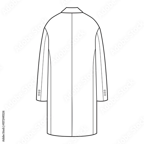 Back view of a tailored long overcoat with buttoned cuffs in black and white vector format, emphasizing clean lines and minimalist structure.
