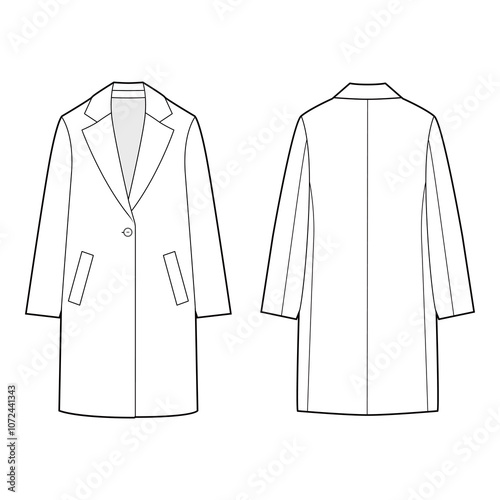 Front and back views of a single-breasted overcoat with lapels and pockets in black and white vector style, showcasing classic structure and minimalist design.
