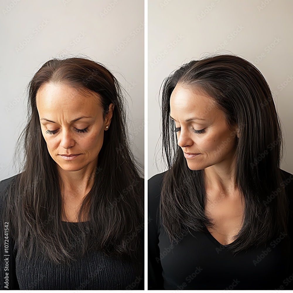 Woman showing hair regrowth after treatment for hair loss Woman showing hair regrowth after treatment for hair loss