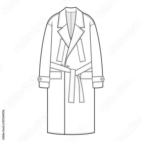 Front view of a belted trench coat with lapels and cuff details in black and white vector format, featuring a minimalist design.
