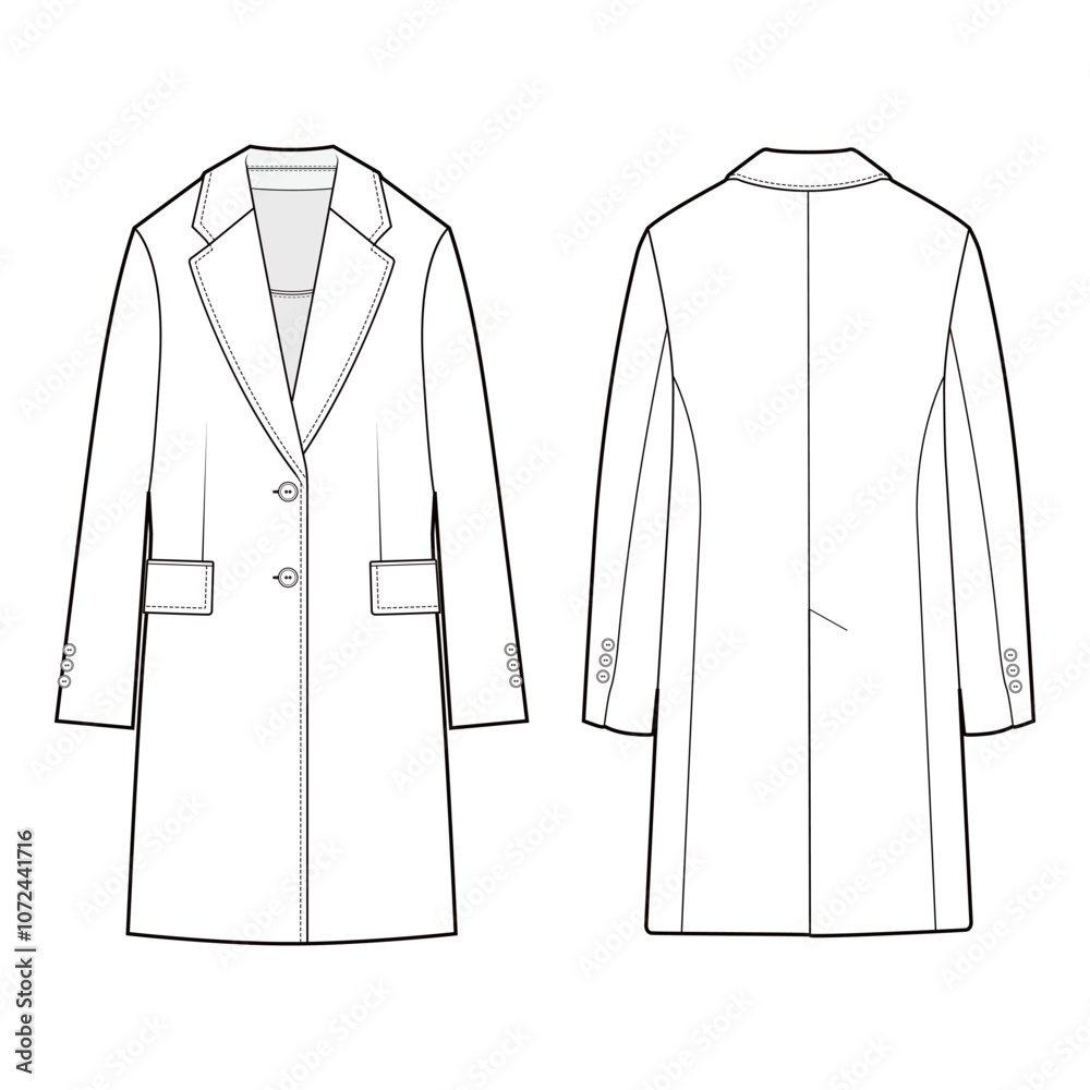 Front and back views of a single-breasted overcoat with lapels and pockets in black and white vector illustration, emphasizing classic tailoring.
