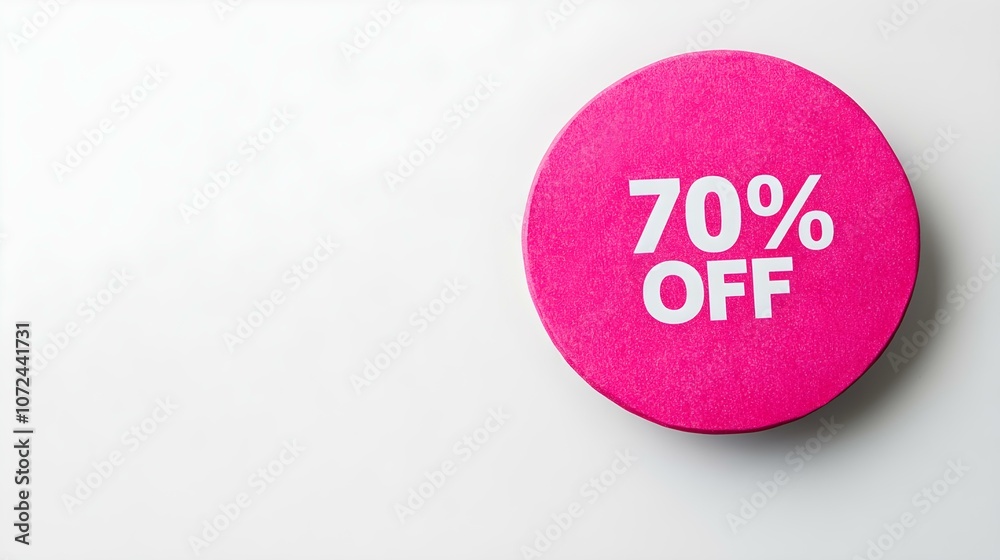 White '70% OFF' Text on a Fuchsia Round Paper Note. White Background with Copy Space White '70% OFF' Text on a Fuchsia Round Paper Note. White Background with Copy Space