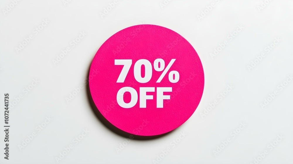 White '70% OFF' Text on a Fuchsia Round Paper Note. White Background with Copy Space White '70% OFF' Text on a Fuchsia Round Paper Note. White Background with Copy Space