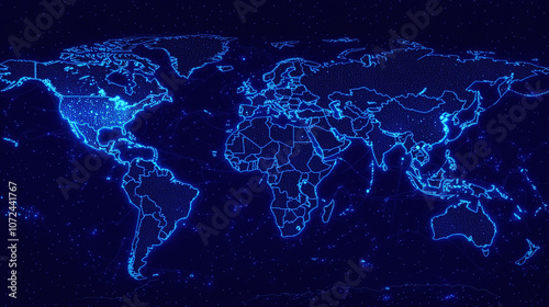 Fototapeta Naklejka Na Ścianę i Meble -  world map blue dots squares pixel art style neon on black background tech technology global globe international connections communication 3d rendered illustration 