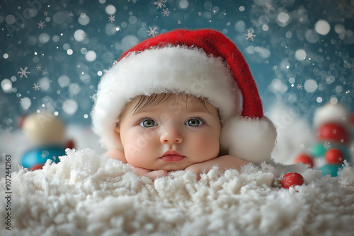 Adorable Wallpaper Showcasing A Baby Wearing A Festive Santa Hat, Surrounded By Holiday Toys And Soft Snowflakes Falling Gently, Creating A Joyful Holiday Atmosphere