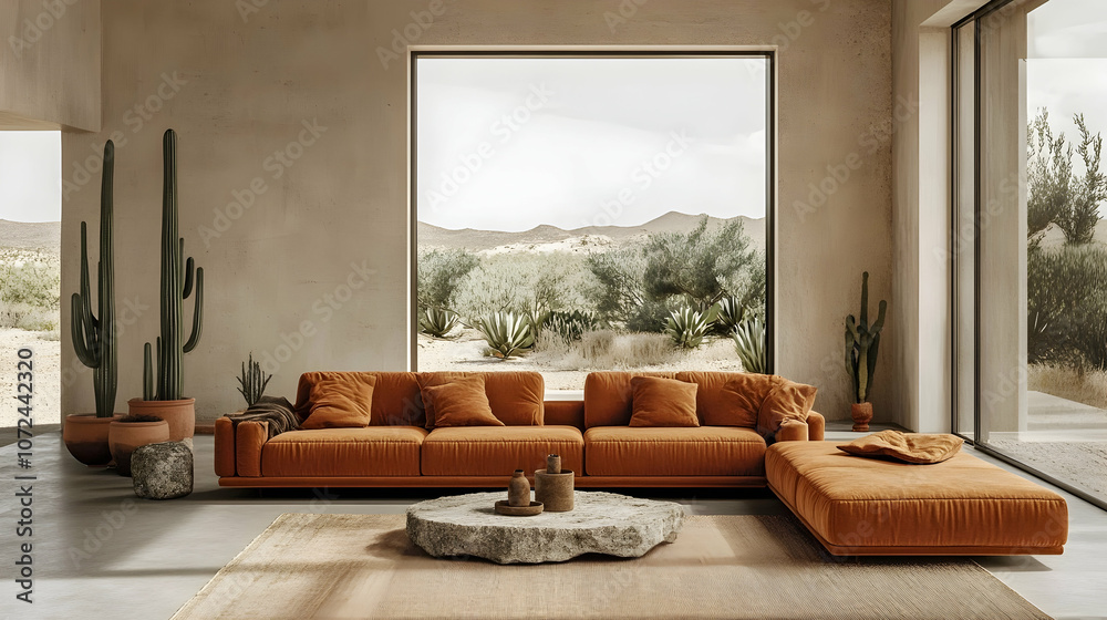 Minimalist Desert Modern Living Room with Rust Velvet Sofa, Natural Stone Coffee Table, and Organic Elements for a Warm, Sunlit Southwestern Ambiance Minimalist Desert Modern Living Room with Rust Velvet Sofa, Natural Stone Coffee Table, and Organic Elements for a Warm, Sunlit Southwestern Ambiance