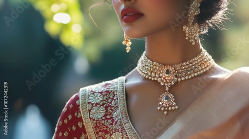 Close-Up of a Woman Wearing a Traditional Indian Necklace