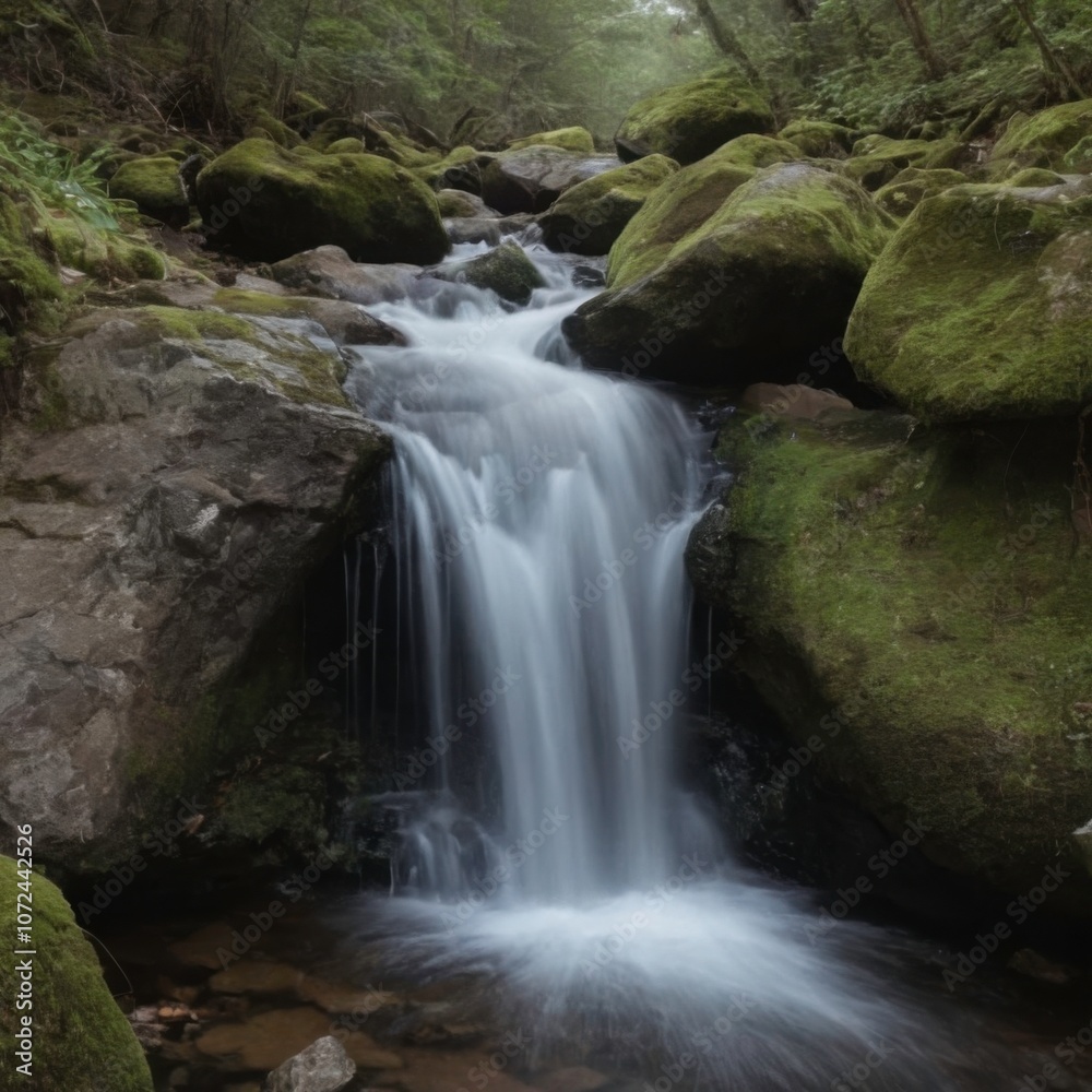 Serene Waterfall Flowing Through Mossy Rocks in Forested Landscape Serene Waterfall Flowing Through Mossy Rocks in Forested Landscape