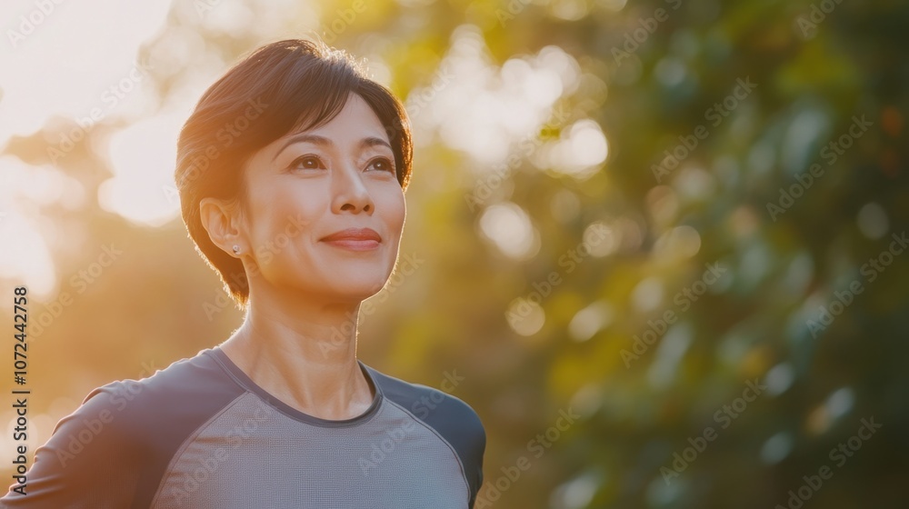 Person jogging on trail middle-aged Asian woman with short black hair bright day clean background copy space Person jogging on trail middle-aged Asian woman with short black hair bright day clean background copy space