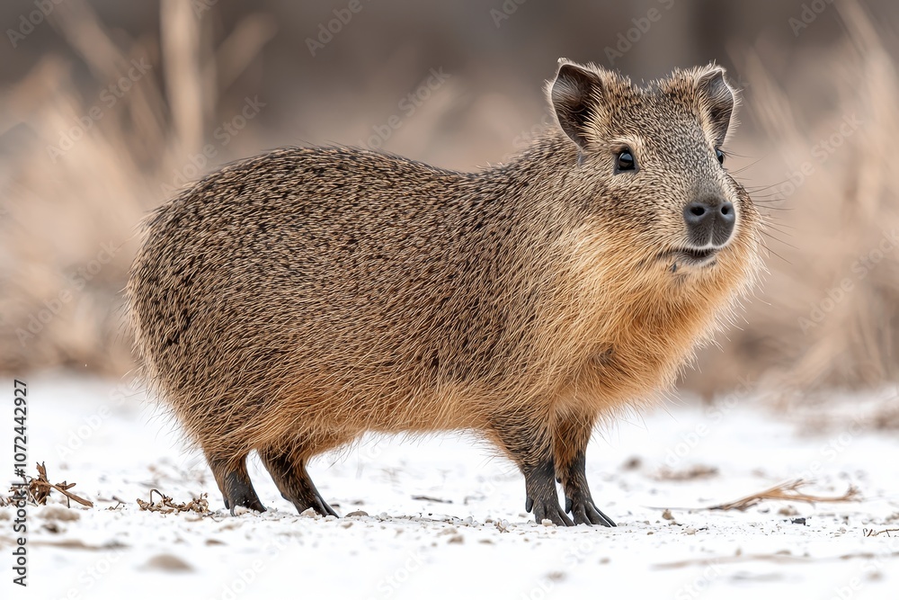 Adorable capybara standing in snowy landscape Adorable capybara standing in snowy landscape