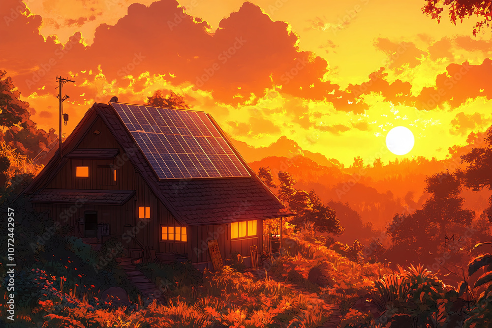 Eco-Friendly Urban Cityscape with Solar Panels, Wind Turbines, and Green Landscape Showcasing Renewable Energy and Sustainable Development
