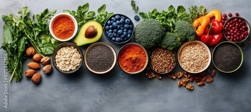 Healthy food clean eating selection: fruit, vegetable, seeds, superfood, cereal, leaf vegetable on gray concrete background