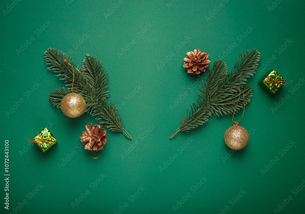Naklejka premium Golden christmas balls, pine cones, fir branches creating a shape of reindeer antlers and small gift boxes lying on a green background