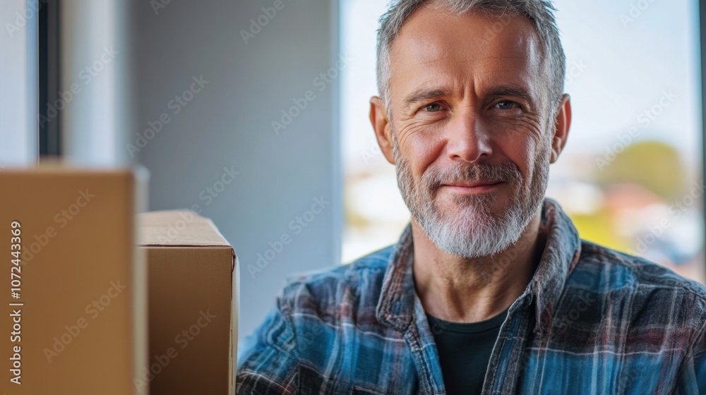 Fototapeta premium Person donating medical supplies middle-aged white man with short gray hair bright background clean layout copy space