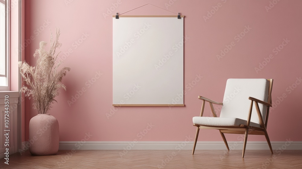 Stylish interior with a blank canvas and a cozy chair against a pink wall. Stylish interior with a blank canvas and a cozy chair against a pink wall.