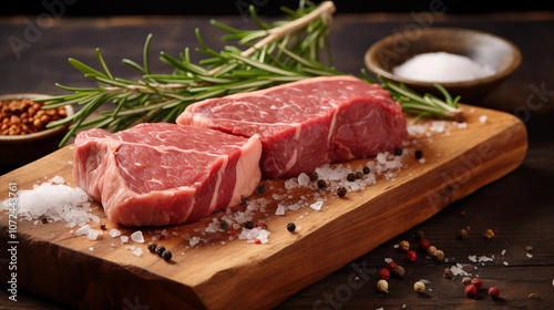 Raw meat steaks portioned, tenderized and seasoned on a wooden cutting board photo