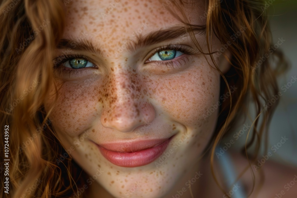 Close up portrait of a beautiful young woman smiling, showcasing her stunning green eyes and natural freckles Close up portrait of a beautiful young woman smiling, showcasing her stunning green eyes and natural freckles
