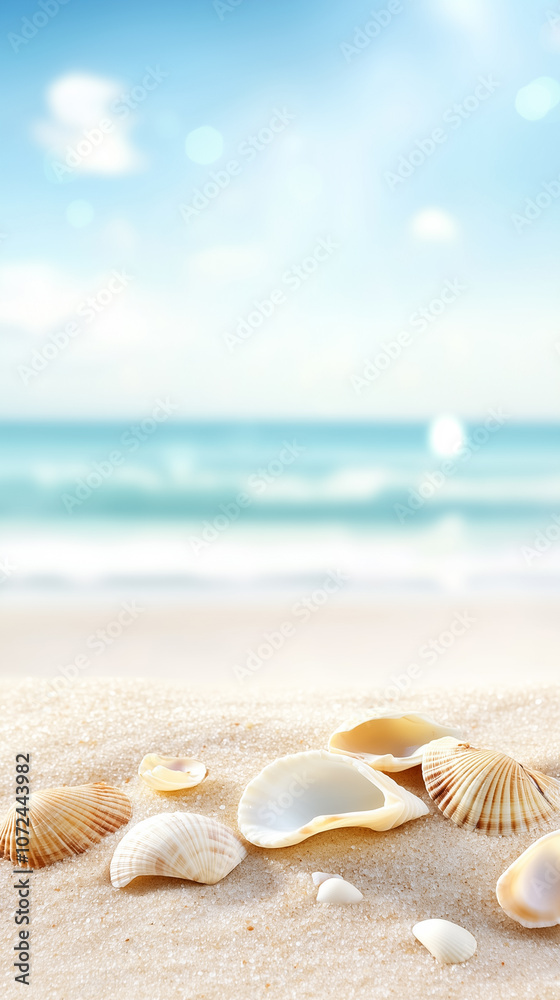 Seashells rest on soft sand, basking under a bright blue sky with gentle waves nearby Seashells rest on soft sand, basking under a bright blue sky with gentle waves nearby